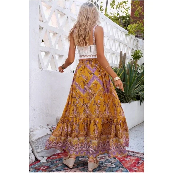 Orange Boho Print Ruffled Maxi Skirt - Picture 3 of 5
